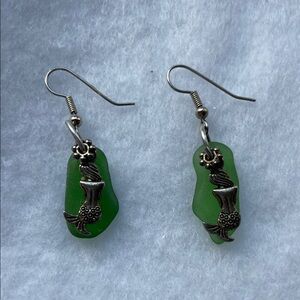 Silver and Green Mermaid Sea Glass Earrings